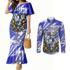 Personalized Canterbury Bankstown Bulldogs Rugby Christmas Couples Matching Mermaid Dress and Long Sleeve Button Shirt Holiday Mascot Graphic Art Festive Lights Bow