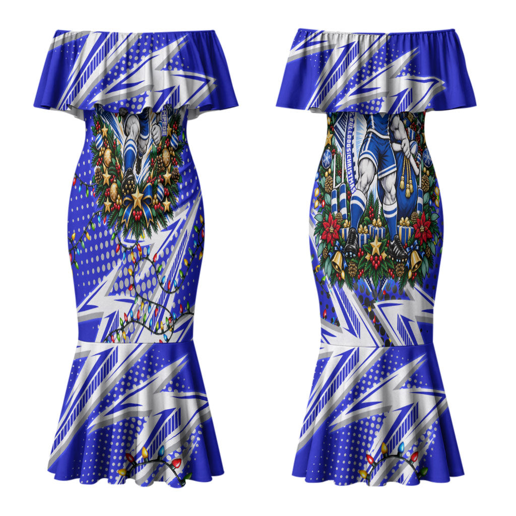 Personalized Canterbury Bankstown Bulldogs Rugby Christmas Couples Matching Mermaid Dress and Long Sleeve Button Shirt Holiday Mascot Graphic Art Festive Lights Bow