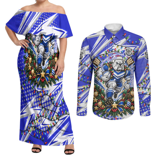 Personalized Canterbury Bankstown Bulldogs Rugby Christmas Couples Matching Off Shoulder Maxi Dress and Long Sleeve Button Shirt Holiday Mascot Graphic Art Festive Lights Bow