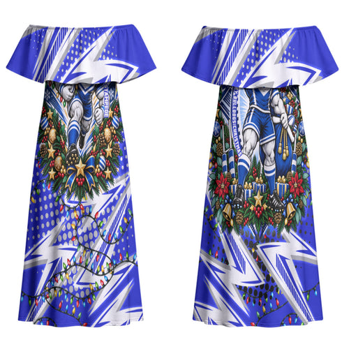 Personalized Canterbury Bankstown Bulldogs Rugby Christmas Couples Matching Off Shoulder Maxi Dress and Long Sleeve Button Shirt Holiday Mascot Graphic Art Festive Lights Bow