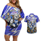 Personalized Canterbury Bankstown Bulldogs Rugby Christmas Couples Matching Off Shoulder Short Dress and Hawaiian Shirt Holiday Mascot Graphic Art Festive Lights Bow
