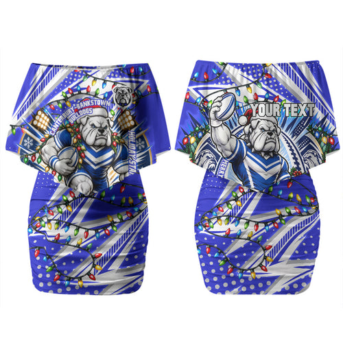 Personalized Canterbury Bankstown Bulldogs Rugby Christmas Couples Matching Off Shoulder Short Dress and Hawaiian Shirt Holiday Mascot Graphic Art Festive Lights Bow