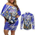 Personalized Canterbury Bankstown Bulldogs Rugby Christmas Couples Matching Off Shoulder Short Dress and Long Sleeve Button Shirt Holiday Mascot Graphic Art Festive Lights Bow