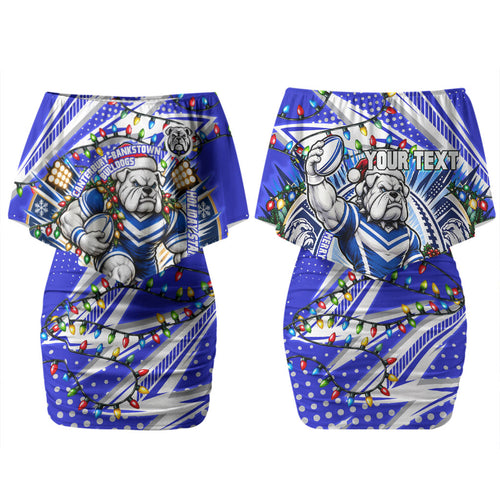 Personalized Canterbury Bankstown Bulldogs Rugby Christmas Couples Matching Off Shoulder Short Dress and Long Sleeve Button Shirt Holiday Mascot Graphic Art Festive Lights Bow