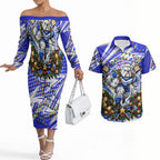 Personalized Canterbury Bankstown Bulldogs Rugby Christmas Couples Matching Off The Shoulder Long Sleeve Dress and Hawaiian Shirt Holiday Mascot Graphic Art Festive Lights Bow