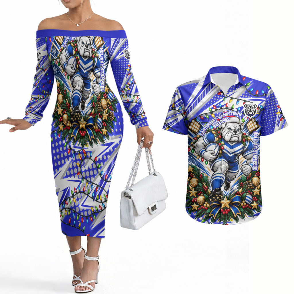 Personalized Canterbury Bankstown Bulldogs Rugby Christmas Couples Matching Off The Shoulder Long Sleeve Dress and Hawaiian Shirt Holiday Mascot Graphic Art Festive Lights Bow