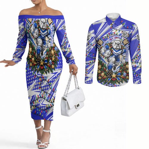 Personalized Canterbury Bankstown Bulldogs Rugby Christmas Couples Matching Off The Shoulder Long Sleeve Dress and Long Sleeve Button Shirt Holiday Mascot Graphic Art Festive Lights Bow