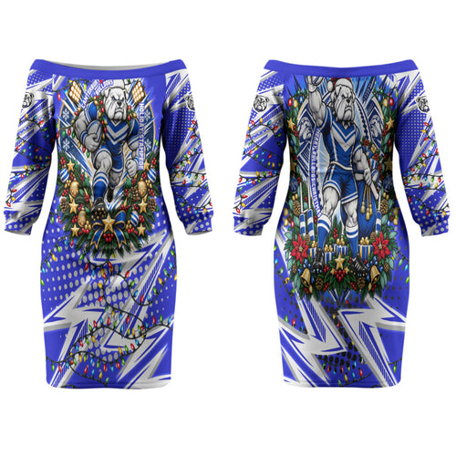 Personalized Canterbury Bankstown Bulldogs Rugby Christmas Couples Matching Off The Shoulder Long Sleeve Dress and Long Sleeve Button Shirt Holiday Mascot Graphic Art Festive Lights Bow
