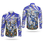Personalized Canterbury Bankstown Bulldogs Rugby Christmas Couples Matching Puletasi and Long Sleeve Button Shirt Holiday Mascot Graphic Art Festive Lights Bow