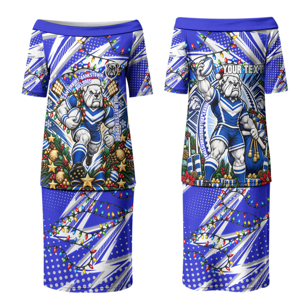 Personalized Canterbury Bankstown Bulldogs Rugby Christmas Couples Matching Puletasi and Long Sleeve Button Shirt Holiday Mascot Graphic Art Festive Lights Bow