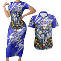 Personalized Canterbury Bankstown Bulldogs Rugby Christmas Couples Matching Short Sleeve Bodycon Dress and Hawaiian Shirt Holiday Mascot Graphic Art Festive Lights Bow