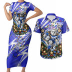 Personalized Canterbury Bankstown Bulldogs Rugby Christmas Couples Matching Short Sleeve Bodycon Dress and Hawaiian Shirt Holiday Mascot Graphic Art Festive Lights Bow