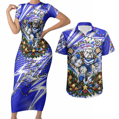 Personalized Canterbury Bankstown Bulldogs Rugby Christmas Couples Matching Short Sleeve Bodycon Dress and Hawaiian Shirt Holiday Mascot Graphic Art Festive Lights Bow