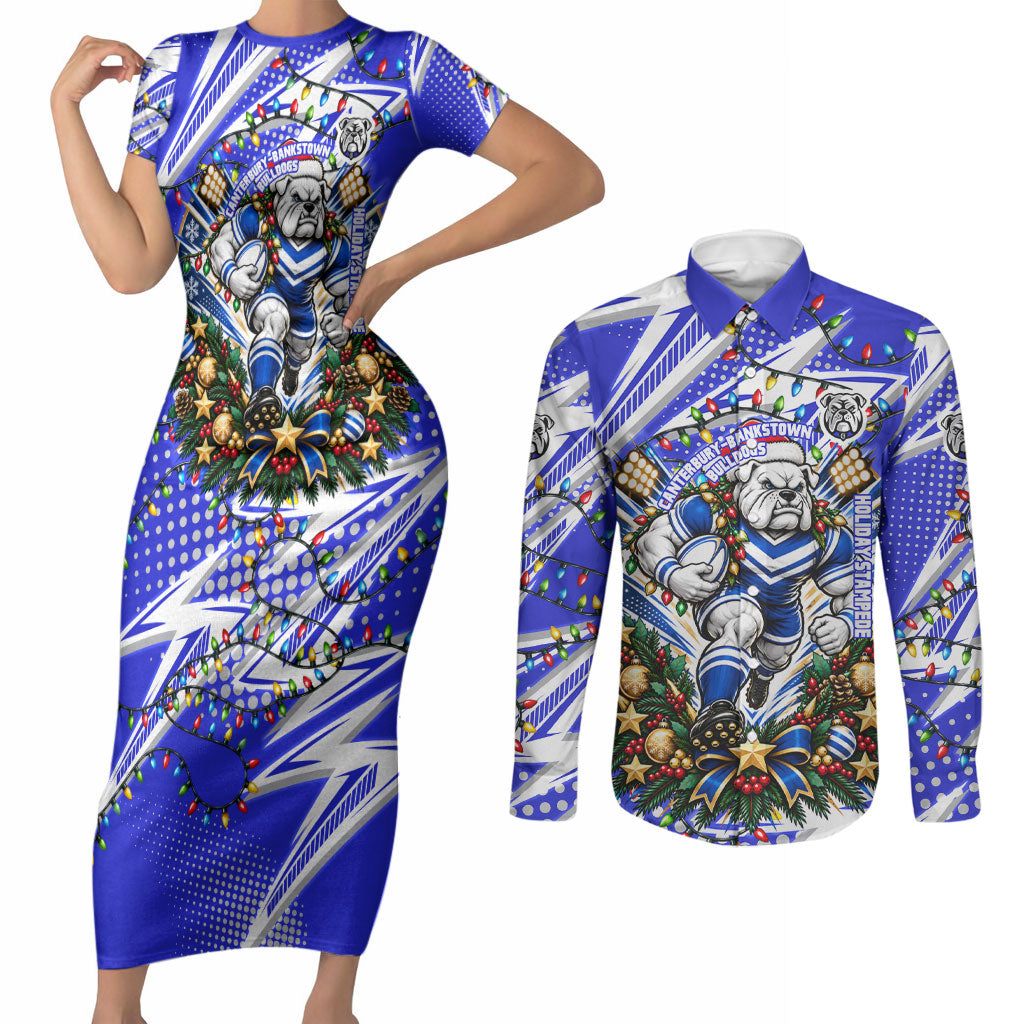 Personalized Canterbury Bankstown Bulldogs Rugby Christmas Couples Matching Short Sleeve Bodycon Dress and Long Sleeve Button Shirt Holiday Mascot Graphic Art Festive Lights Bow