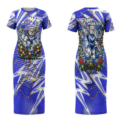 Personalized Canterbury Bankstown Bulldogs Rugby Christmas Couples Matching Short Sleeve Bodycon Dress and Long Sleeve Button Shirt Holiday Mascot Graphic Art Festive Lights Bow