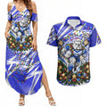 Personalized Canterbury Bankstown Bulldogs Rugby Christmas Couples Matching Summer Maxi Dress and Hawaiian Shirt Holiday Mascot Graphic Art Festive Lights Bow