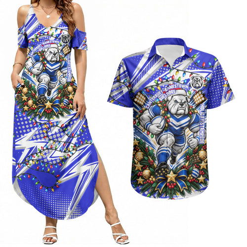 Personalized Canterbury Bankstown Bulldogs Rugby Christmas Couples Matching Summer Maxi Dress and Hawaiian Shirt Holiday Mascot Graphic Art Festive Lights Bow
