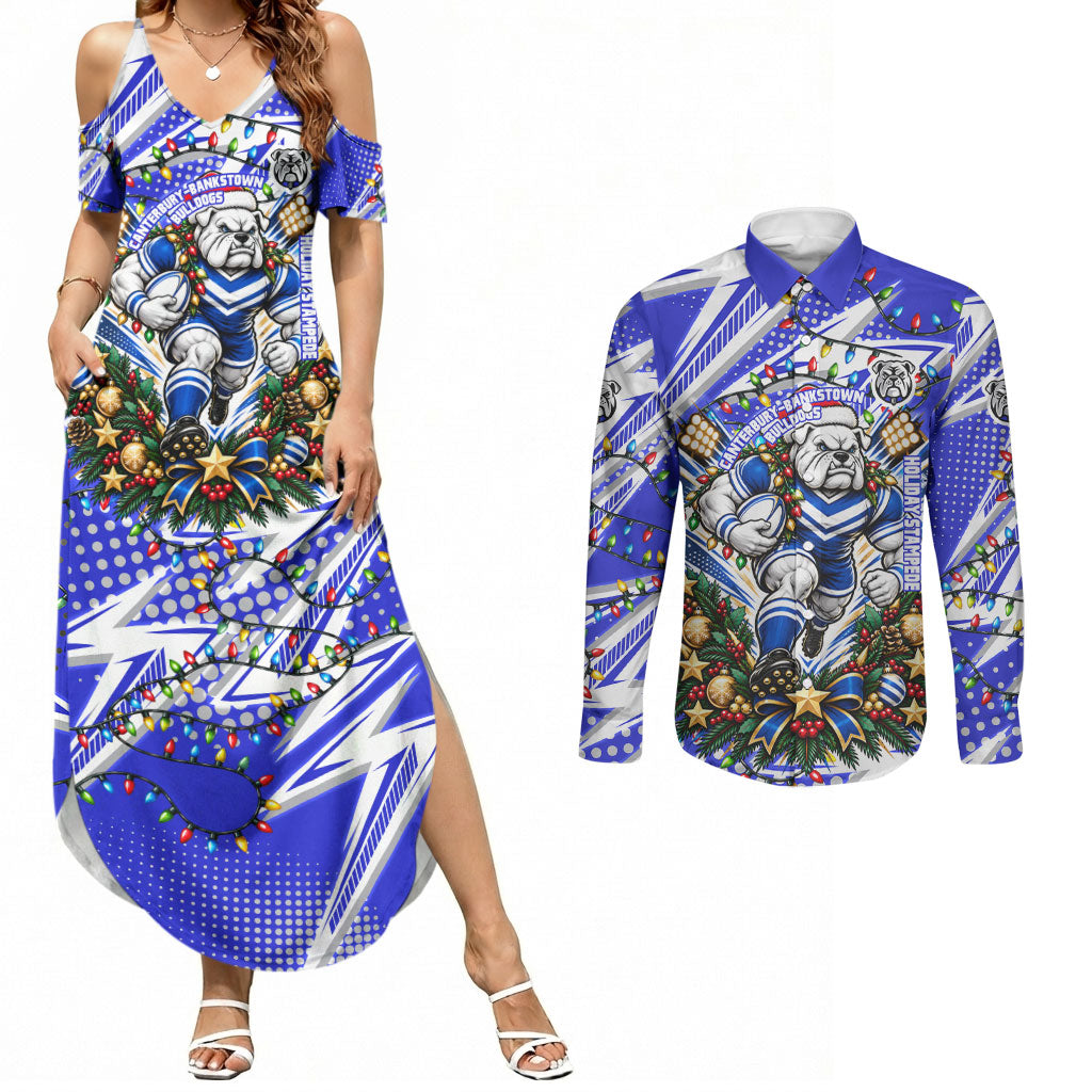 Personalized Canterbury Bankstown Bulldogs Rugby Christmas Couples Matching Summer Maxi Dress and Long Sleeve Button Shirt Holiday Mascot Graphic Art Festive Lights Bow