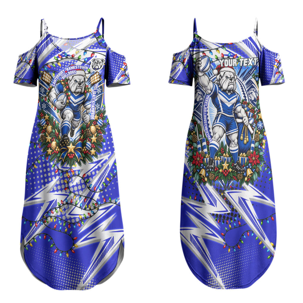 Personalized Canterbury Bankstown Bulldogs Rugby Christmas Couples Matching Summer Maxi Dress and Long Sleeve Button Shirt Holiday Mascot Graphic Art Festive Lights Bow