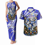 Personalized Canterbury Bankstown Bulldogs Rugby Christmas Couples Matching Tank Maxi Dress and Hawaiian Shirt Holiday Mascot Graphic Art Festive Lights Bow