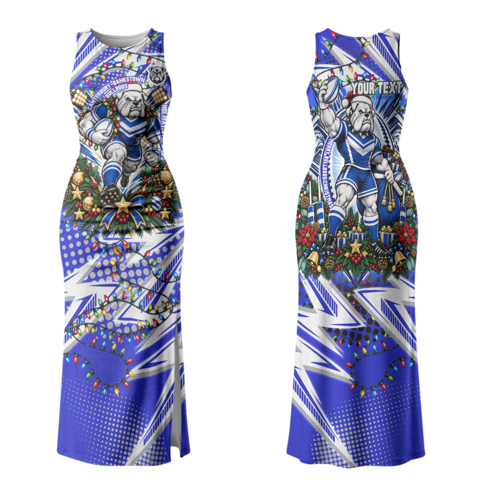 Personalized Canterbury Bankstown Bulldogs Rugby Christmas Couples Matching Tank Maxi Dress and Hawaiian Shirt Holiday Mascot Graphic Art Festive Lights Bow