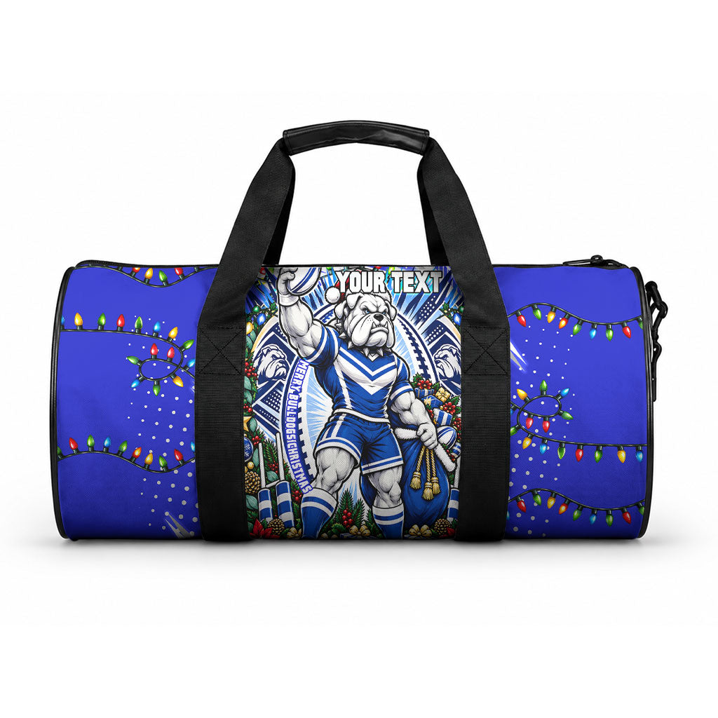 Personalized Canterbury Bankstown Bulldogs Rugby Christmas Duffle Bag Holiday Mascot Graphic Art Festive Lights Bow