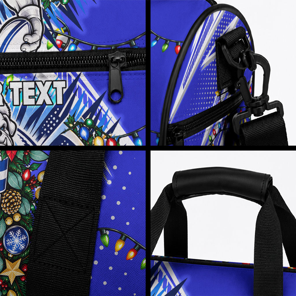 Personalized Canterbury Bankstown Bulldogs Rugby Christmas Duffle Bag Holiday Mascot Graphic Art Festive Lights Bow