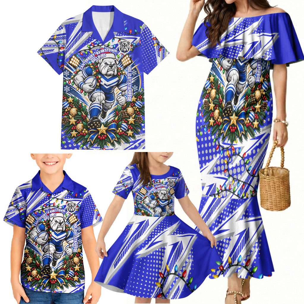 Personalized Canterbury Bankstown Bulldogs Rugby Christmas Family Matching Mermaid Dress and Hawaiian Shirt Holiday Mascot Graphic Art Festive Lights Bow