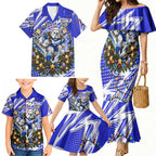 Personalized Canterbury Bankstown Bulldogs Rugby Christmas Family Matching Mermaid Dress and Hawaiian Shirt Holiday Mascot Graphic Art Festive Lights Bow