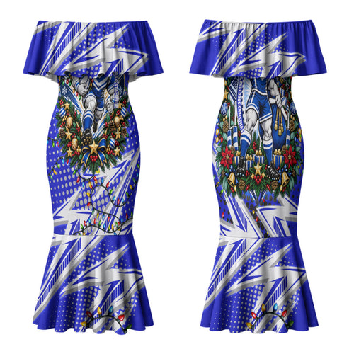 Personalized Canterbury Bankstown Bulldogs Rugby Christmas Family Matching Mermaid Dress and Hawaiian Shirt Holiday Mascot Graphic Art Festive Lights Bow