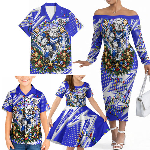 Personalized Canterbury Bankstown Bulldogs Rugby Christmas Family Matching Off The Shoulder Long Sleeve Dress and Hawaiian Shirt Holiday Mascot Graphic Art Festive Lights Bow