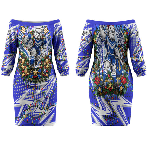 Personalized Canterbury Bankstown Bulldogs Rugby Christmas Family Matching Off The Shoulder Long Sleeve Dress and Hawaiian Shirt Holiday Mascot Graphic Art Festive Lights Bow