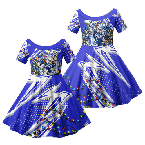 Personalized Canterbury Bankstown Bulldogs Rugby Christmas Family Matching Off The Shoulder Long Sleeve Dress and Hawaiian Shirt Holiday Mascot Graphic Art Festive Lights Bow