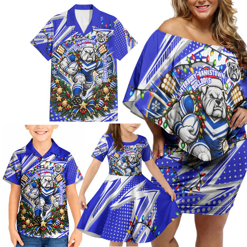 Personalized Canterbury Bankstown Bulldogs Rugby Christmas Family Matching Off Shoulder Short Dress and Hawaiian Shirt Holiday Mascot Graphic Art Festive Lights Bow