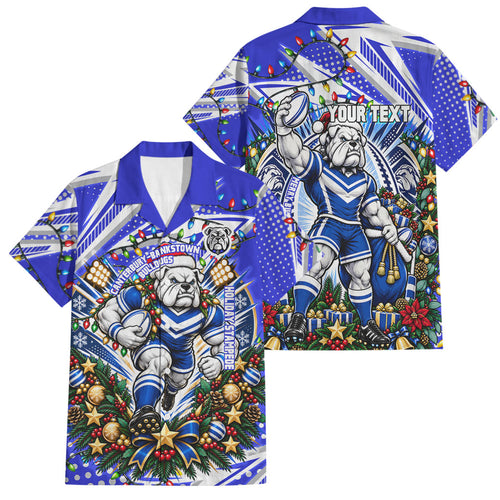 Personalized Canterbury Bankstown Bulldogs Rugby Christmas Family Matching Off Shoulder Short Dress and Hawaiian Shirt Holiday Mascot Graphic Art Festive Lights Bow