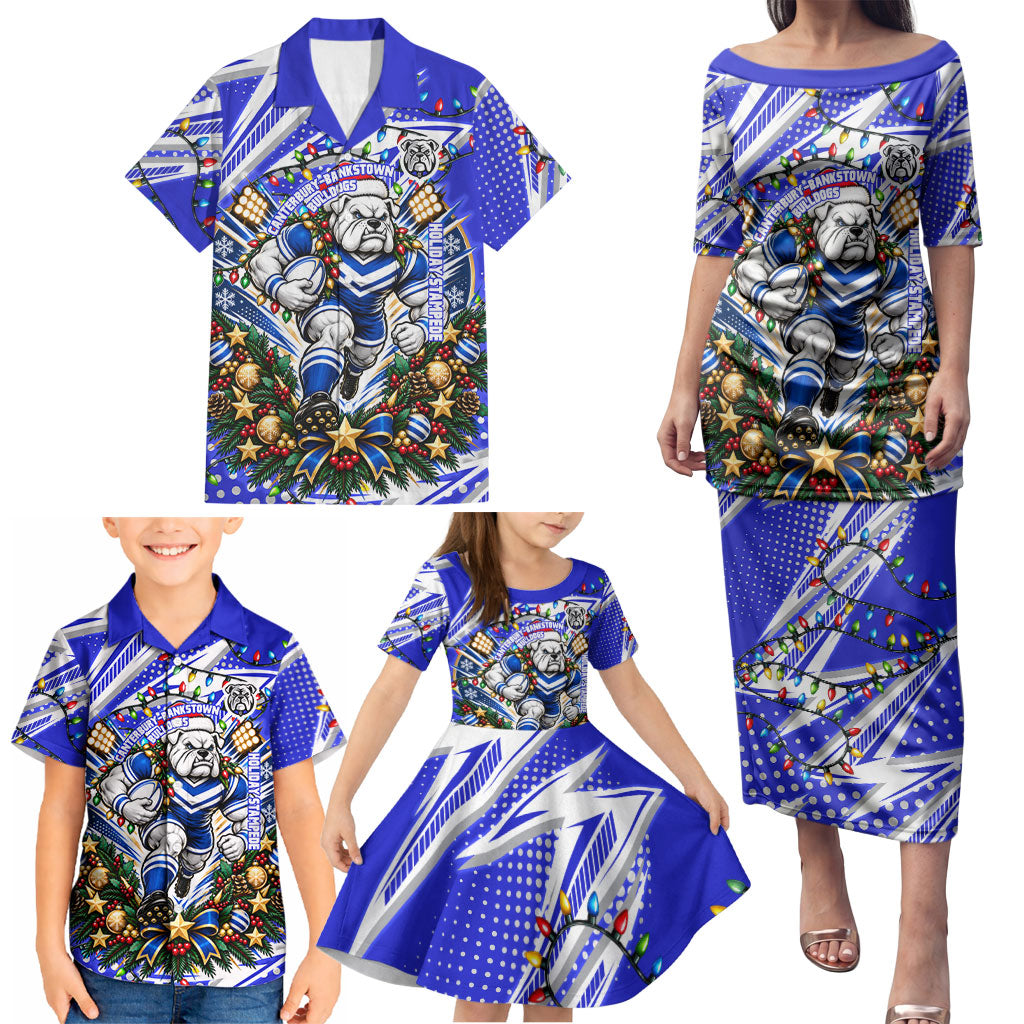 Personalized Canterbury Bankstown Bulldogs Rugby Christmas Family Matching Puletasi and Hawaiian Shirt Holiday Mascot Graphic Art Festive Lights Bow