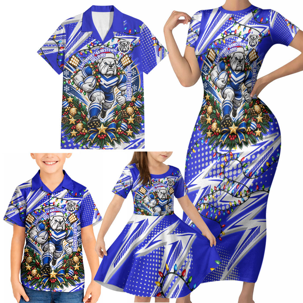 Personalized Canterbury Bankstown Bulldogs Rugby Christmas Family Matching Short Sleeve Bodycon Dress and Hawaiian Shirt Holiday Mascot Graphic Art Festive Lights Bow