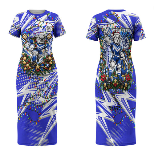Personalized Canterbury Bankstown Bulldogs Rugby Christmas Family Matching Short Sleeve Bodycon Dress and Hawaiian Shirt Holiday Mascot Graphic Art Festive Lights Bow