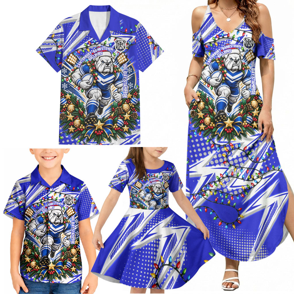 Personalized Canterbury Bankstown Bulldogs Rugby Christmas Family Matching Summer Maxi Dress and Hawaiian Shirt Holiday Mascot Graphic Art Festive Lights Bow