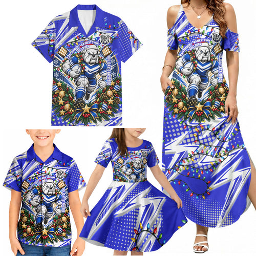 Personalized Canterbury Bankstown Bulldogs Rugby Christmas Family Matching Summer Maxi Dress and Hawaiian Shirt Holiday Mascot Graphic Art Festive Lights Bow