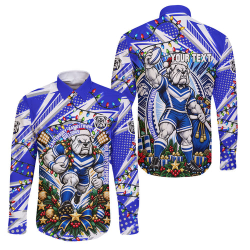Personalized Canterbury Bankstown Bulldogs Rugby Christmas Family Matching Summer Maxi Dress and Hawaiian Shirt Holiday Mascot Graphic Art Festive Lights Bow