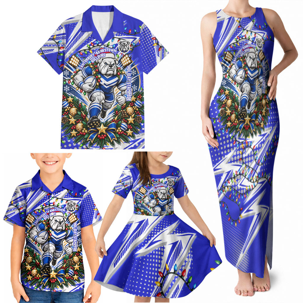 Personalized Canterbury Bankstown Bulldogs Rugby Christmas Family Matching Tank Maxi Dress and Hawaiian Shirt Holiday Mascot Graphic Art Festive Lights Bow