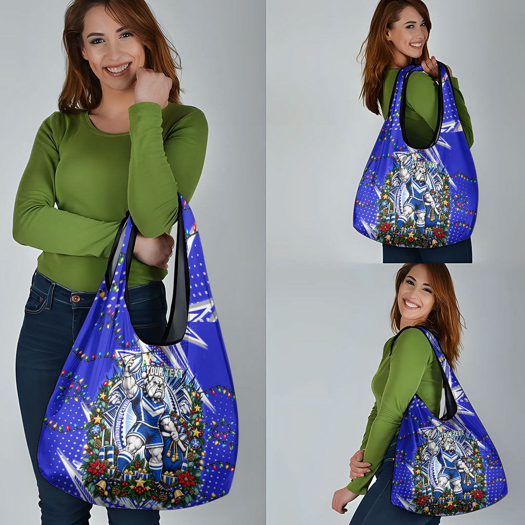 Personalized Canterbury Bankstown Bulldogs Rugby Christmas Grocery Bag Holiday Mascot Graphic Art Festive Lights Bow