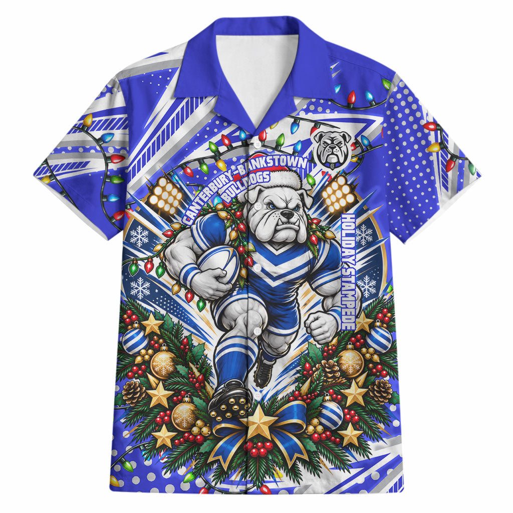Personalized Canterbury Bankstown Bulldogs Rugby Christmas Hawaiian Shirt Holiday Mascot Graphic Art Festive Lights Bow