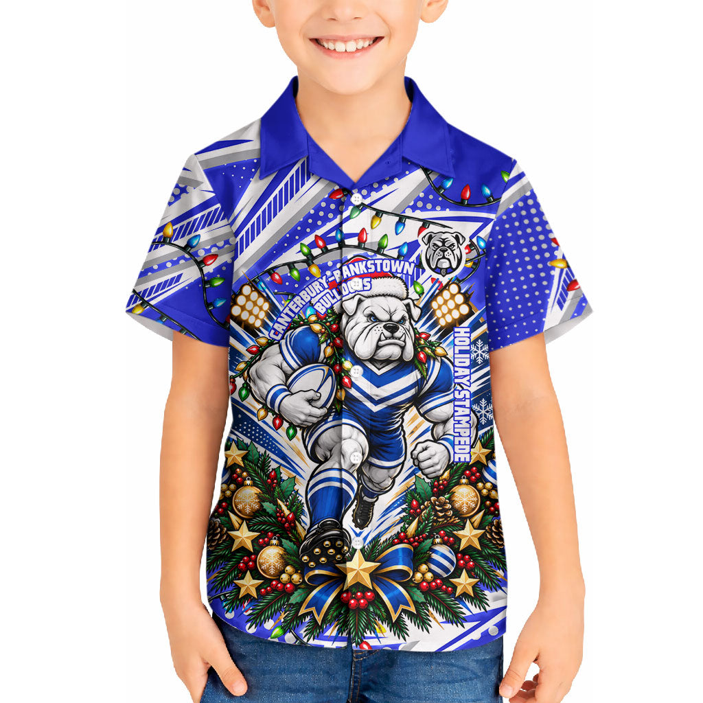 Personalized Canterbury Bankstown Bulldogs Rugby Christmas Hawaiian Shirt Holiday Mascot Graphic Art Festive Lights Bow