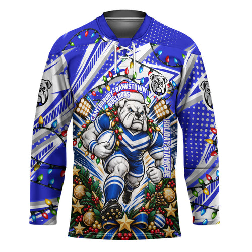 Personalized Canterbury Bankstown Bulldogs Rugby Christmas Hockey Jersey Holiday Mascot Graphic Art Festive Lights Bow