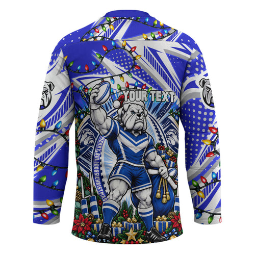 Personalized Canterbury Bankstown Bulldogs Rugby Christmas Hockey Jersey Holiday Mascot Graphic Art Festive Lights Bow