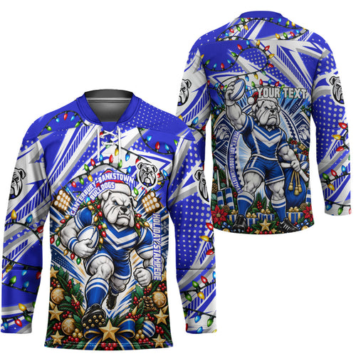 Personalized Canterbury Bankstown Bulldogs Rugby Christmas Hockey Jersey Holiday Mascot Graphic Art Festive Lights Bow