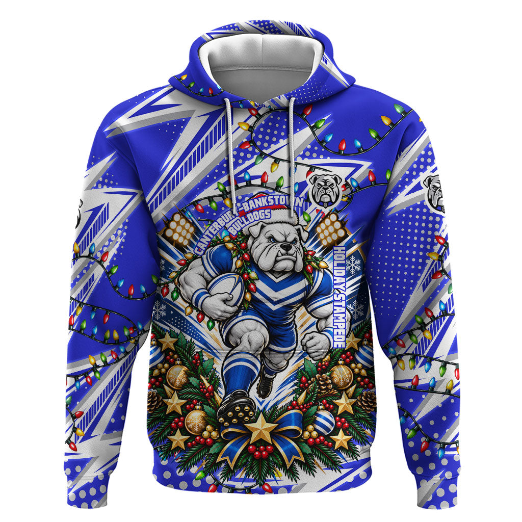 Personalized Canterbury Bankstown Bulldogs Rugby Christmas Hoodie Holiday Mascot Graphic Art Festive Lights Bow