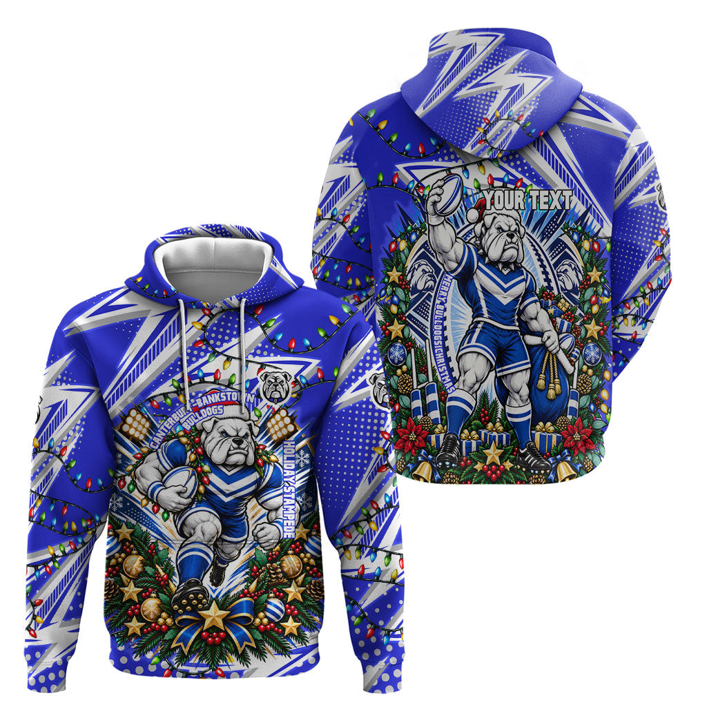 Personalized Canterbury Bankstown Bulldogs Rugby Christmas Hoodie Holiday Mascot Graphic Art Festive Lights Bow